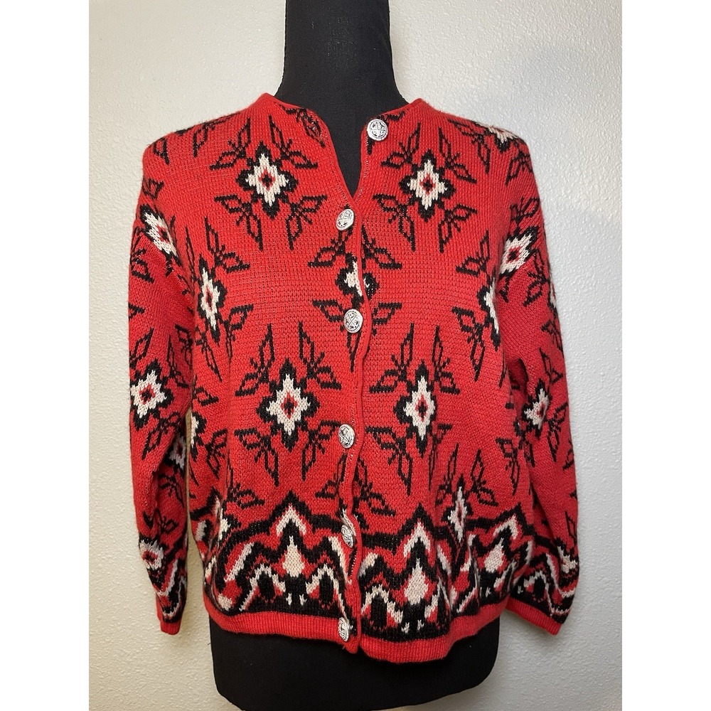 Vintage United Colors Of Benetton Chunky Knit Cardigan Sweater Red &‎ Black